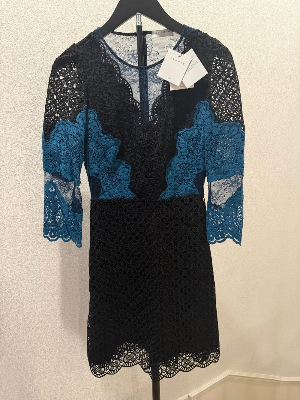 Sandro Belladone Petrol Lace  3/4-Sleeve Dress SIZE 36 / SIZE 2